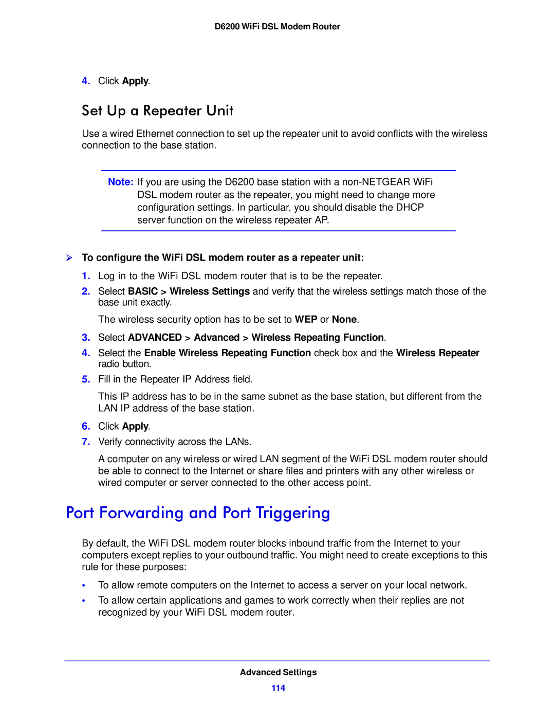 NETGEAR D6200-100NAS user manual Port Forwarding and Port Triggering, Set Up a Repeater Unit 