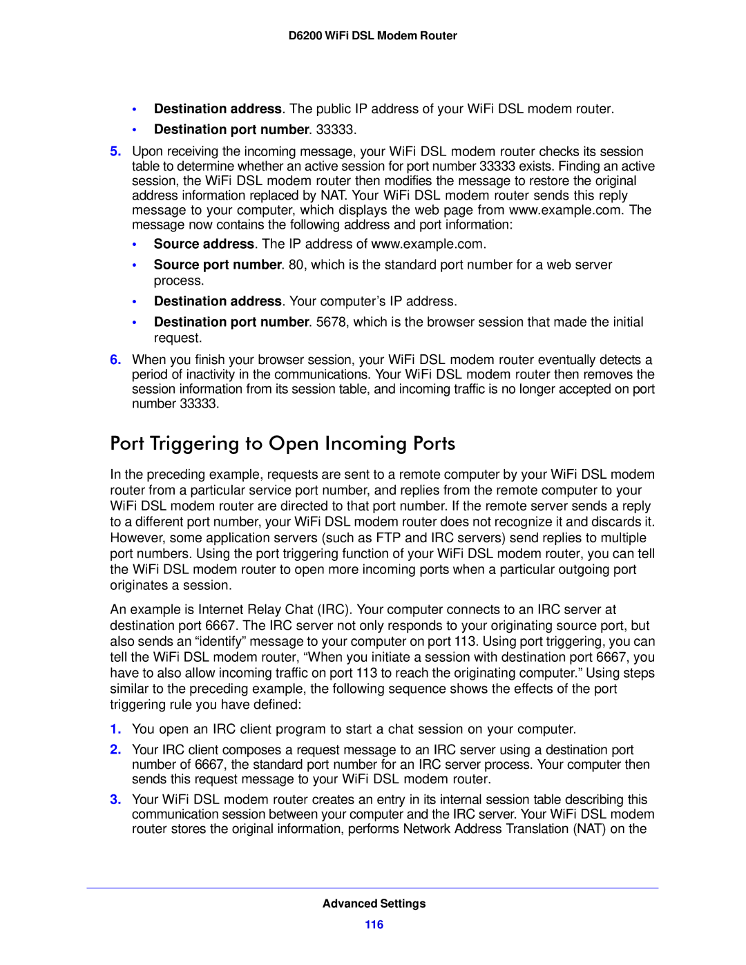 NETGEAR D6200-100NAS user manual Port Triggering to Open Incoming Ports, Destination port number 