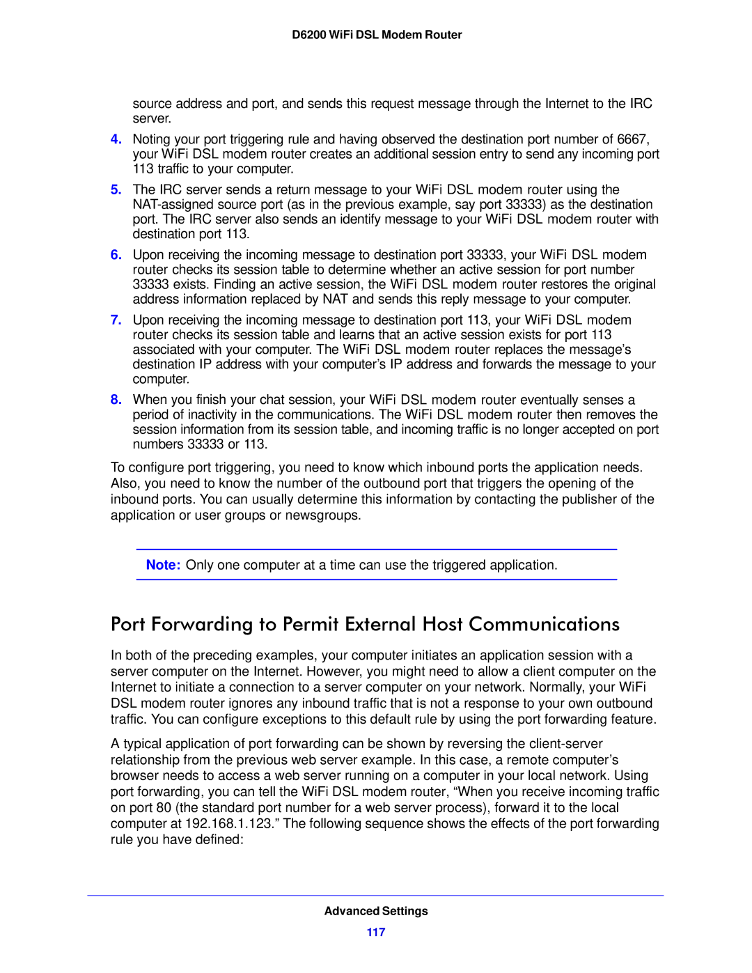 NETGEAR D6200-100NAS user manual Port Forwarding to Permit External Host Communications 