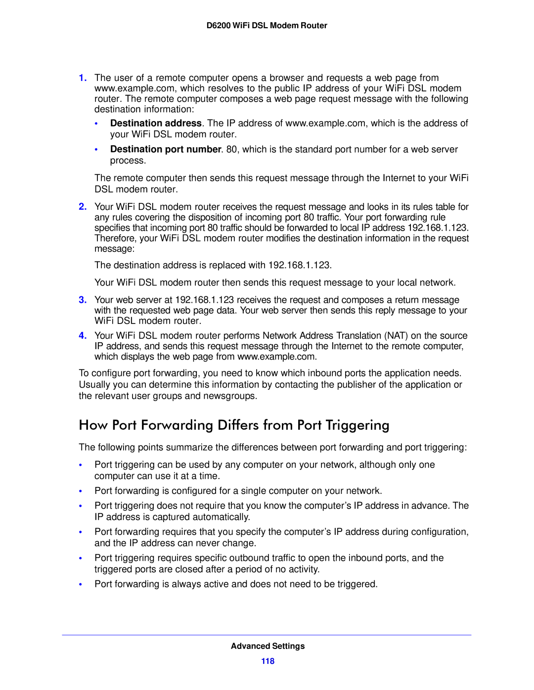 NETGEAR D6200-100NAS user manual How Port Forwarding Differs from Port Triggering 