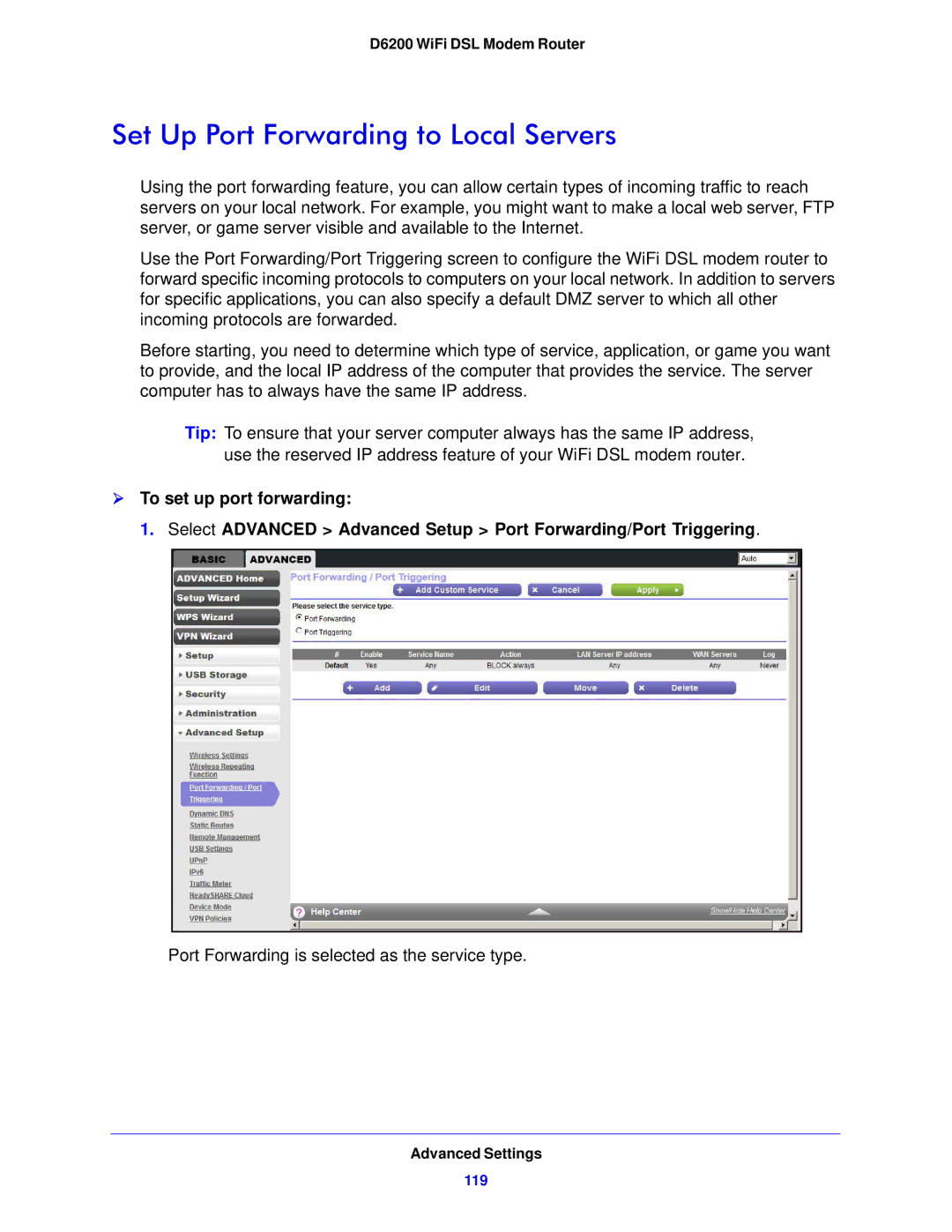 NETGEAR D6200-100NAS user manual Set Up Port Forwarding to Local Servers 