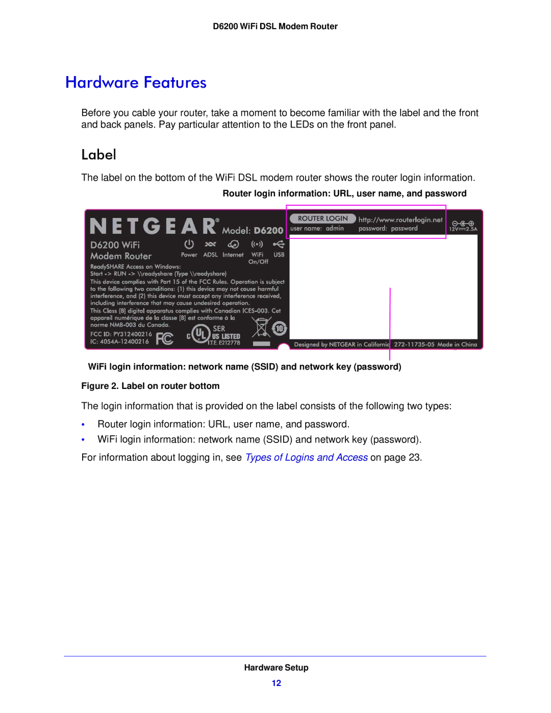 NETGEAR D6200-100NAS user manual Hardware Features, Label 