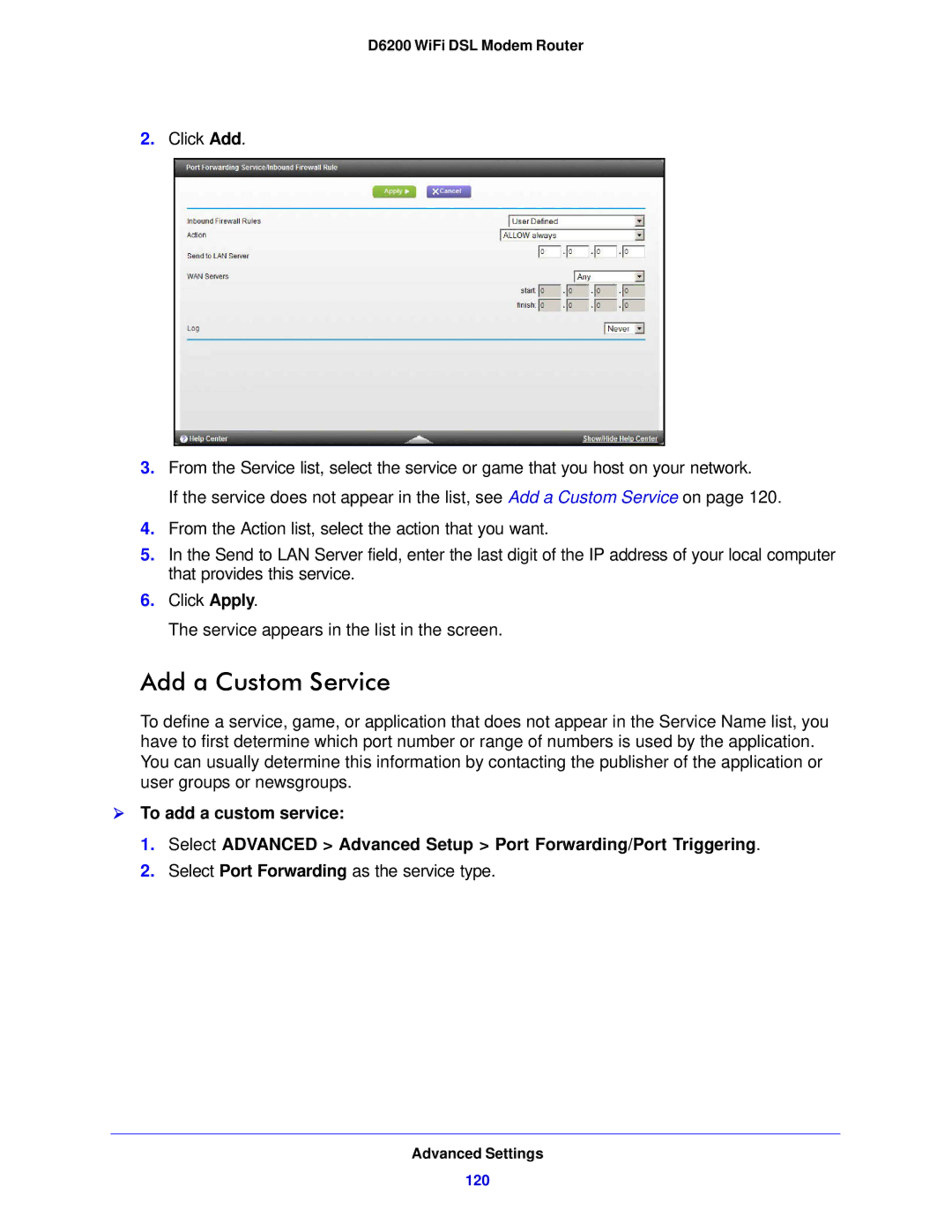 NETGEAR D6200-100NAS user manual Add a Custom Service 