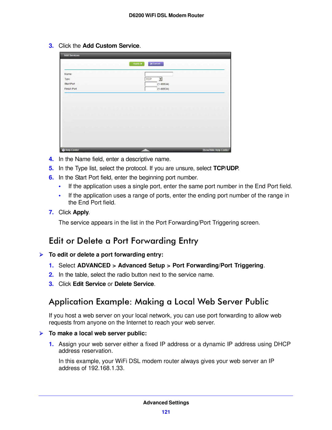 NETGEAR D6200-100NAS Edit or Delete a Port Forwarding Entry, Application Example Making a Local Web Server Public 