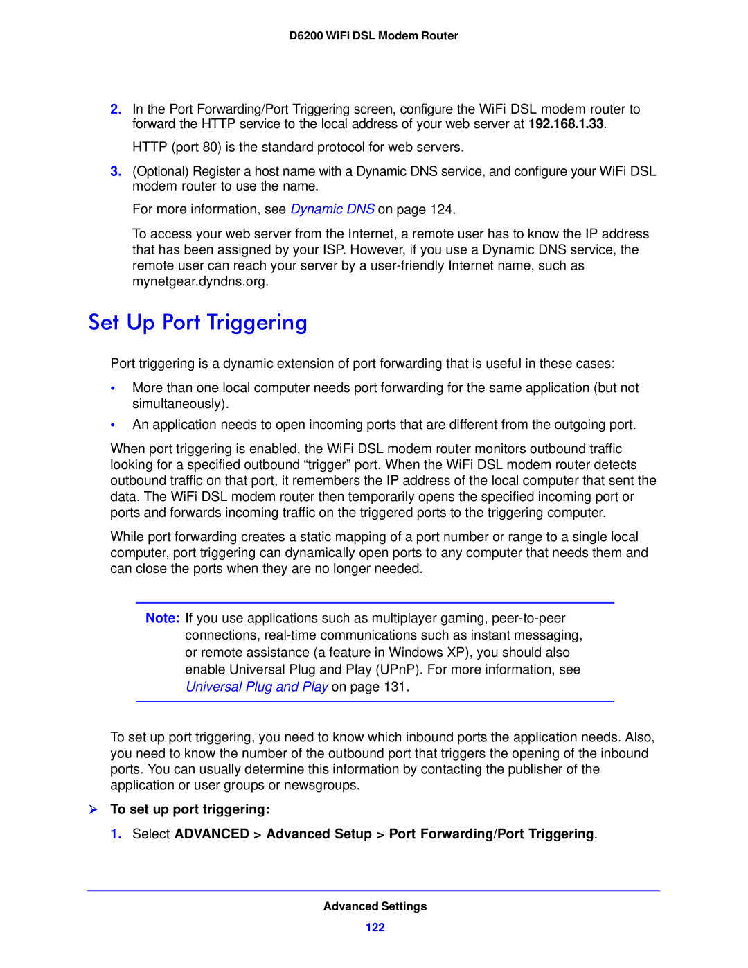 NETGEAR D6200-100NAS user manual Set Up Port Triggering, Universal Plug and Play on 