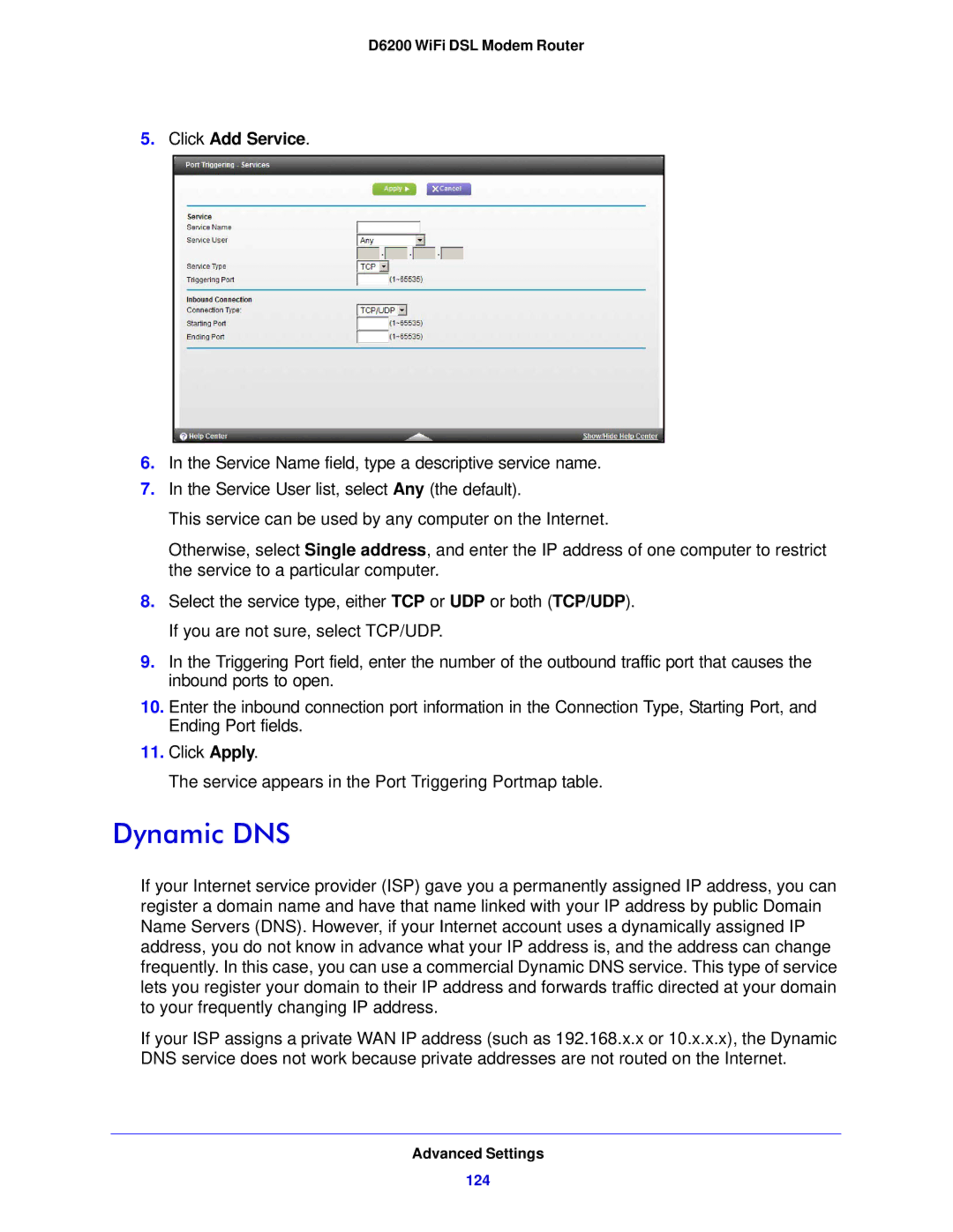 NETGEAR D6200-100NAS user manual Dynamic DNS, Click Add Service 