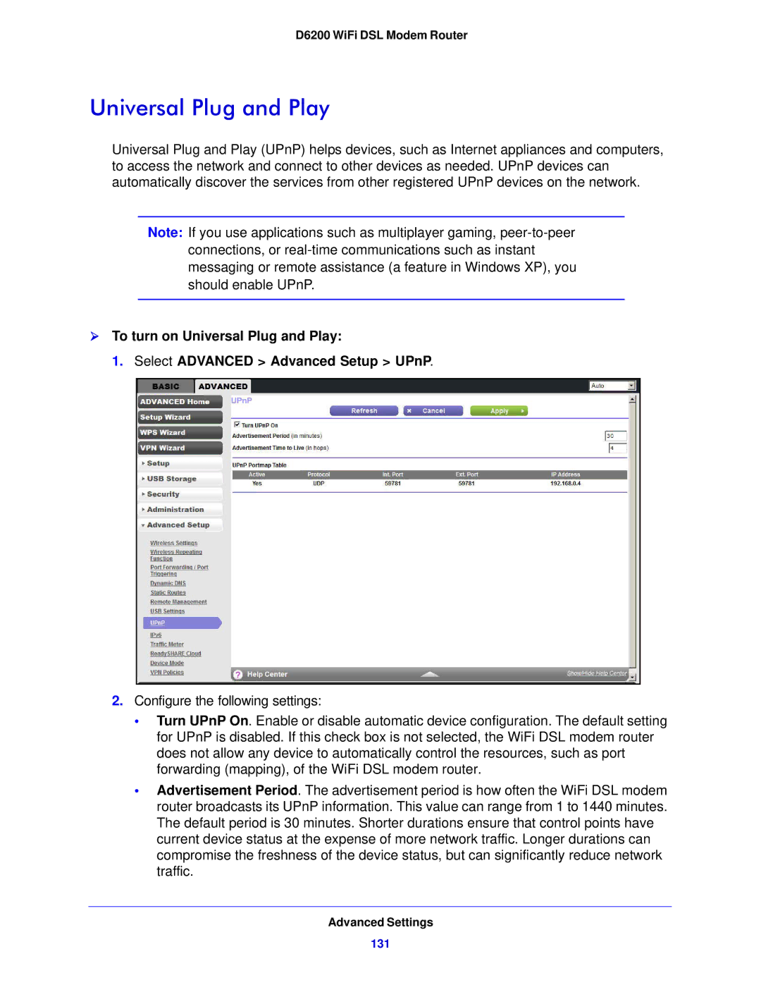 NETGEAR D6200-100NAS user manual Universal Plug and Play 