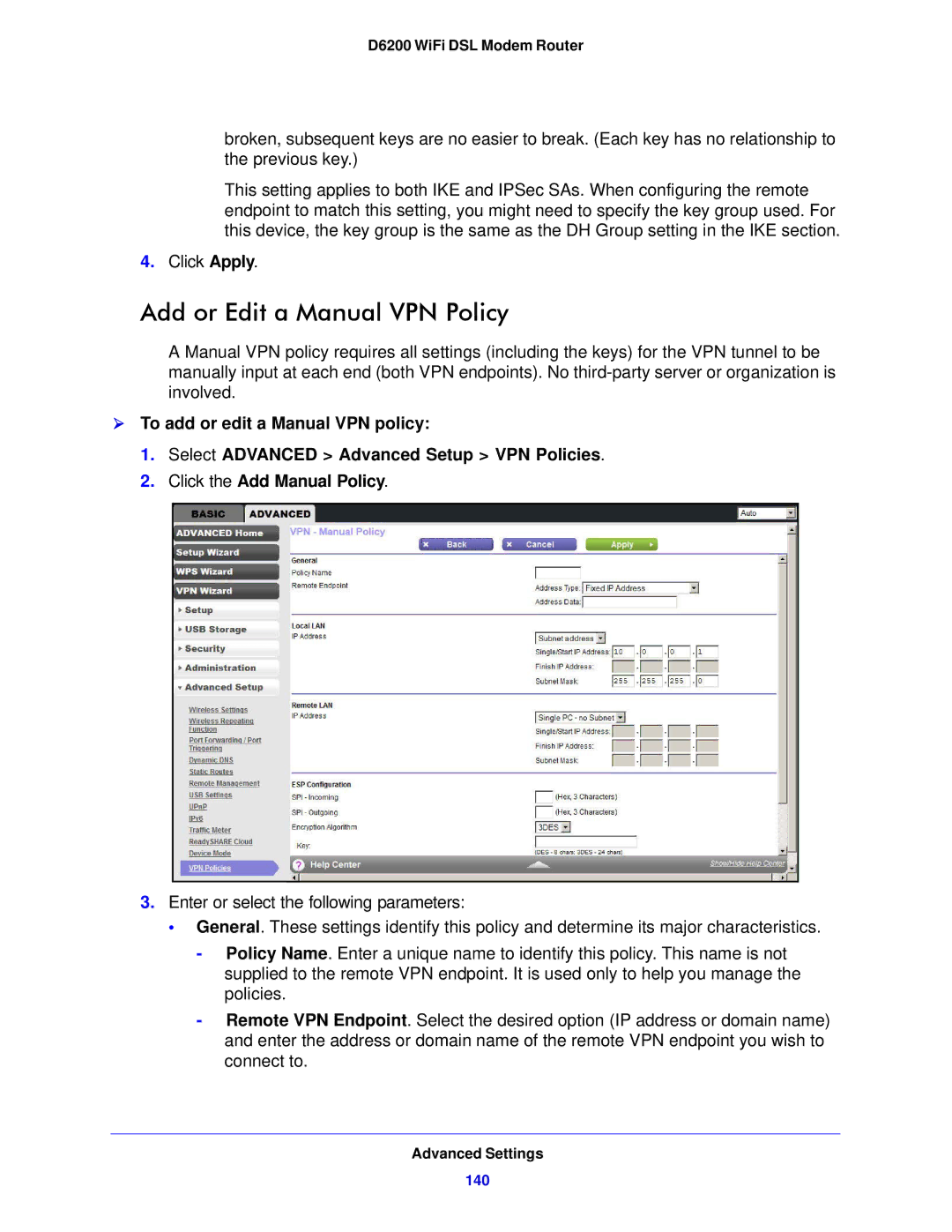 NETGEAR D6200-100NAS user manual Add or Edit a Manual VPN Policy 