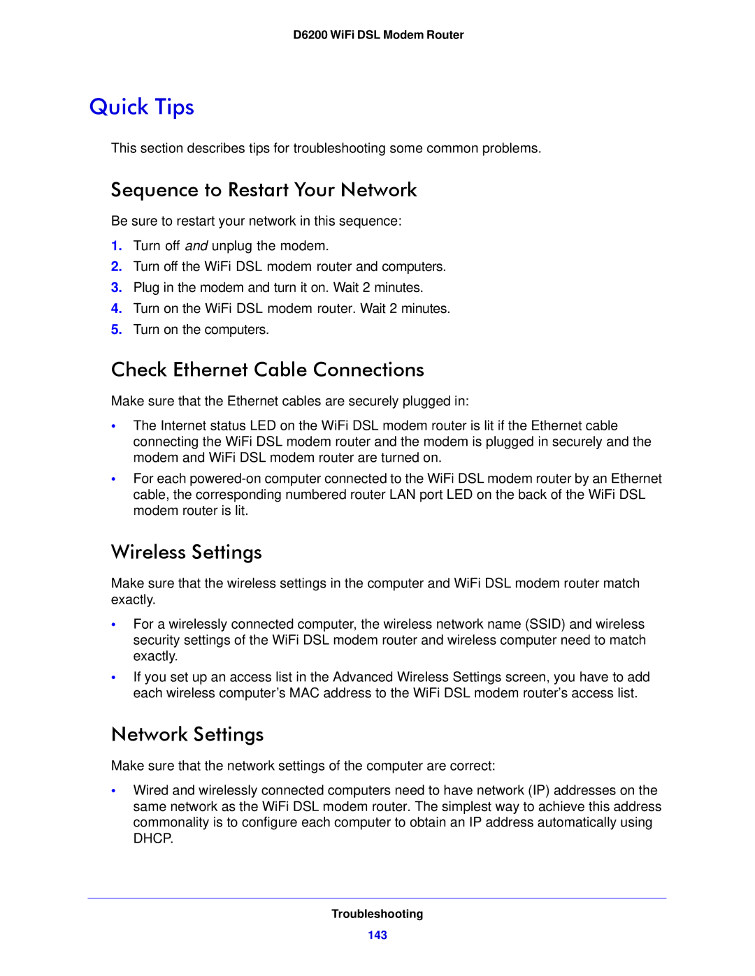 NETGEAR D6200-100NAS Quick Tips, Sequence to Restart Your Network, Check Ethernet Cable Connections, Wireless Settings 