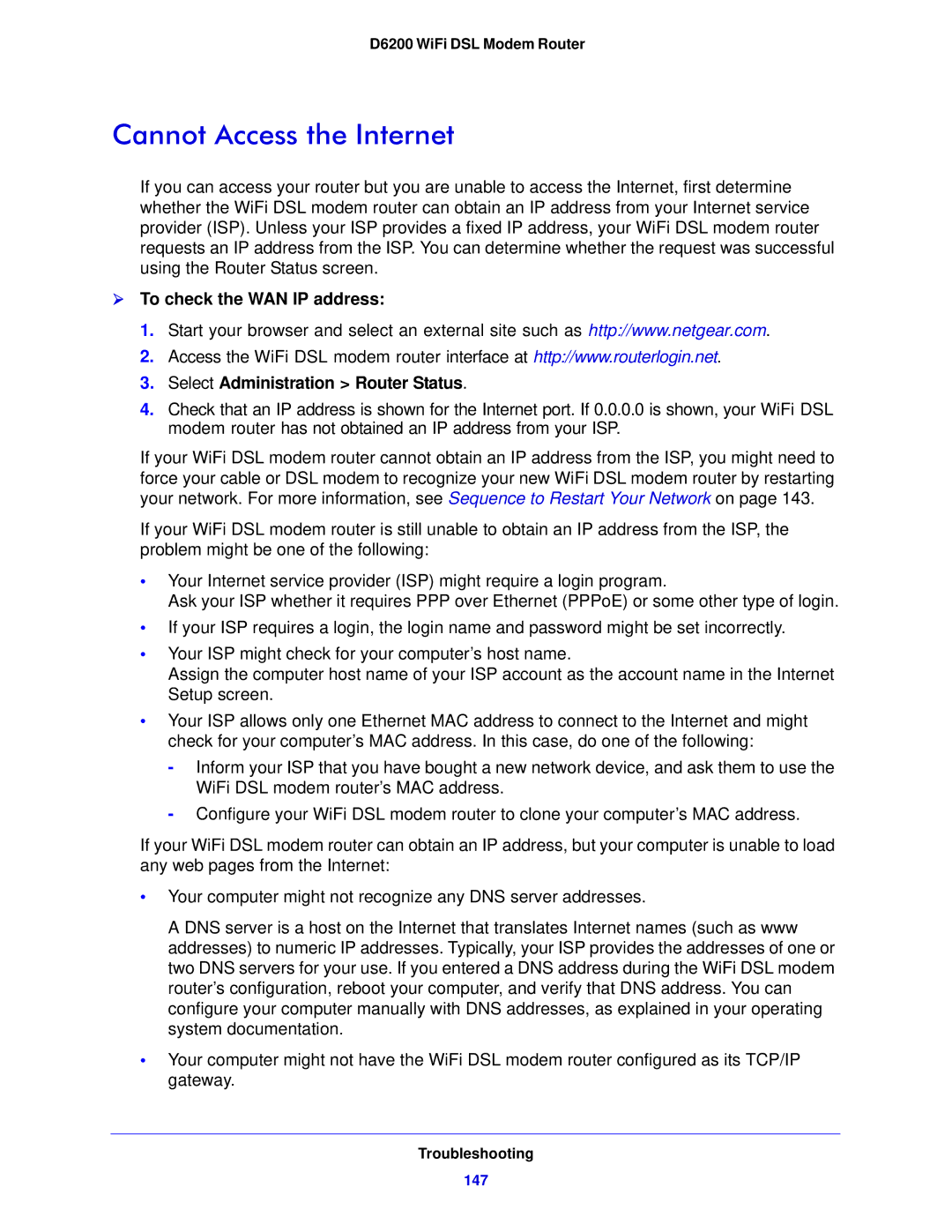 NETGEAR D6200-100NAS user manual Cannot Access the Internet 