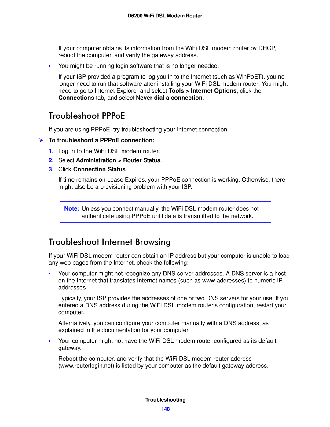 NETGEAR D6200-100NAS user manual Troubleshoot PPPoE, Troubleshoot Internet Browsing,  To troubleshoot a PPPoE connection 