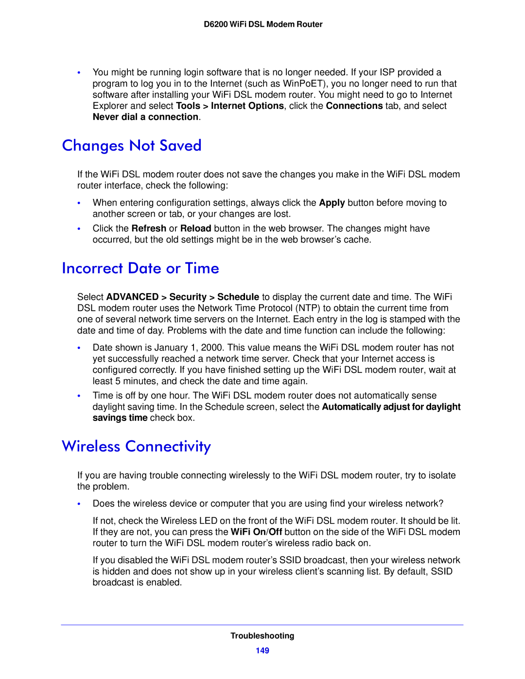 NETGEAR D6200-100NAS user manual Changes Not Saved, Incorrect Date or Time, Wireless Connectivity 