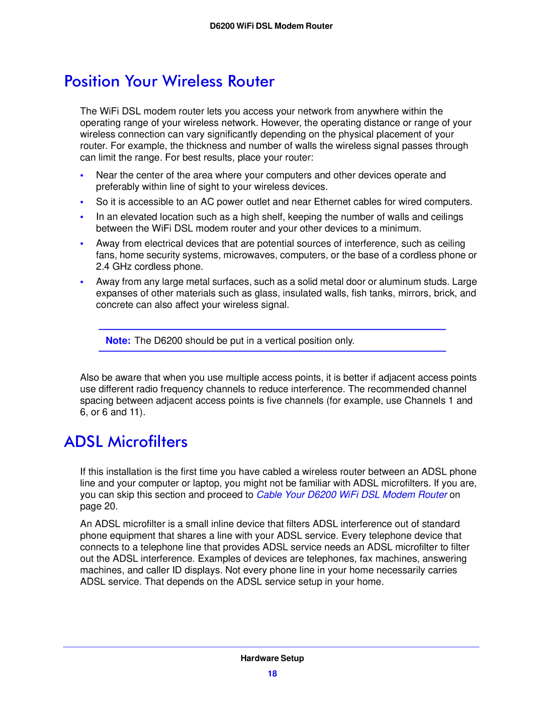 NETGEAR D6200-100NAS user manual Position Your Wireless Router, Adsl Microfilters 