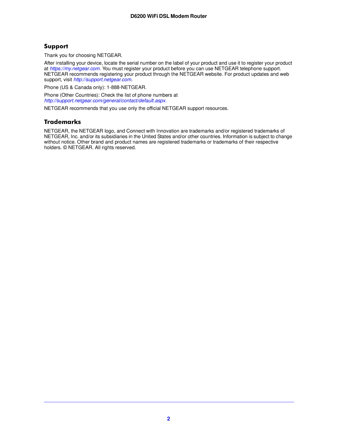 NETGEAR D6200-100NAS user manual Support, Trademarks 