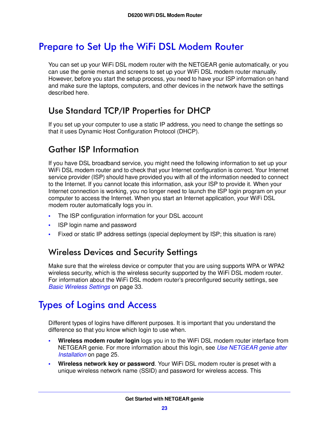 NETGEAR D6200-100NAS Prepare to Set Up the WiFi DSL Modem Router, Types of Logins and Access, Gather ISP Information 