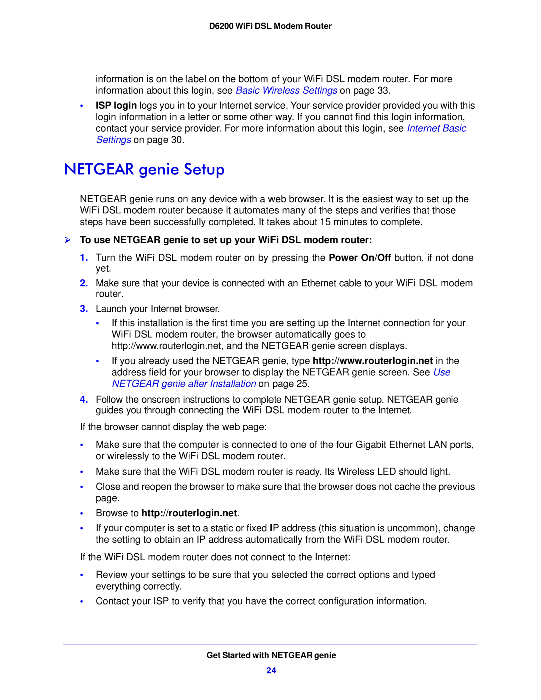 NETGEAR D6200-100NAS user manual Netgear genie Setup,  To use Netgear genie to set up your WiFi DSL modem router 