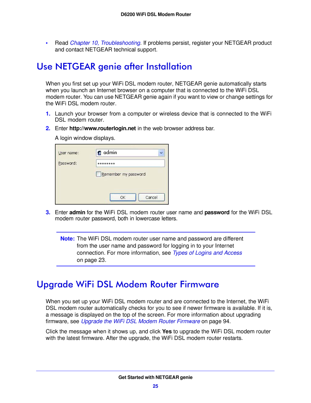 NETGEAR D6200-100NAS user manual Use Netgear genie after Installation, Upgrade WiFi DSL Modem Router Firmware 