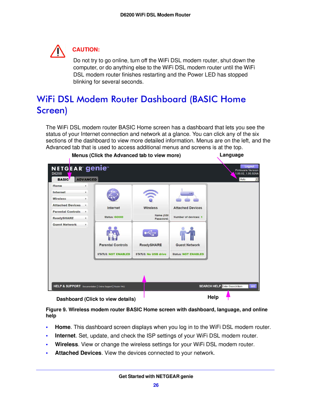 NETGEAR D6200-100NAS user manual WiFi DSL Modem Router Dashboard Basic Home Screen 