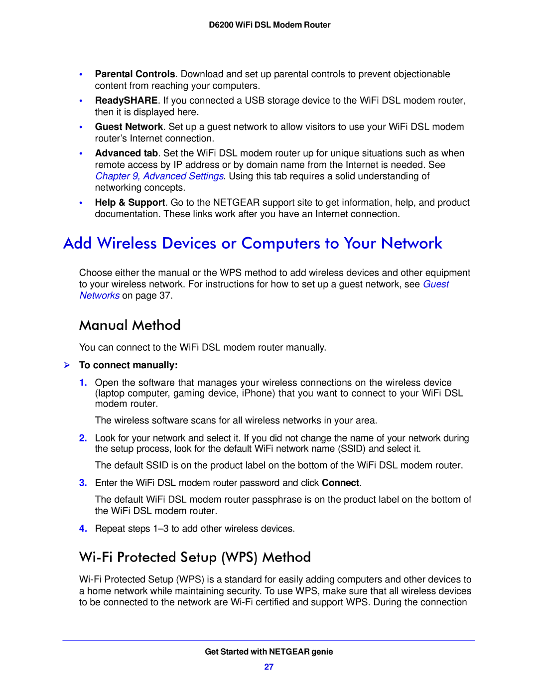 NETGEAR D6200-100NAS Add Wireless Devices or Computers to Your Network, Manual Method, Wi-Fi Protected Setup WPS Method 