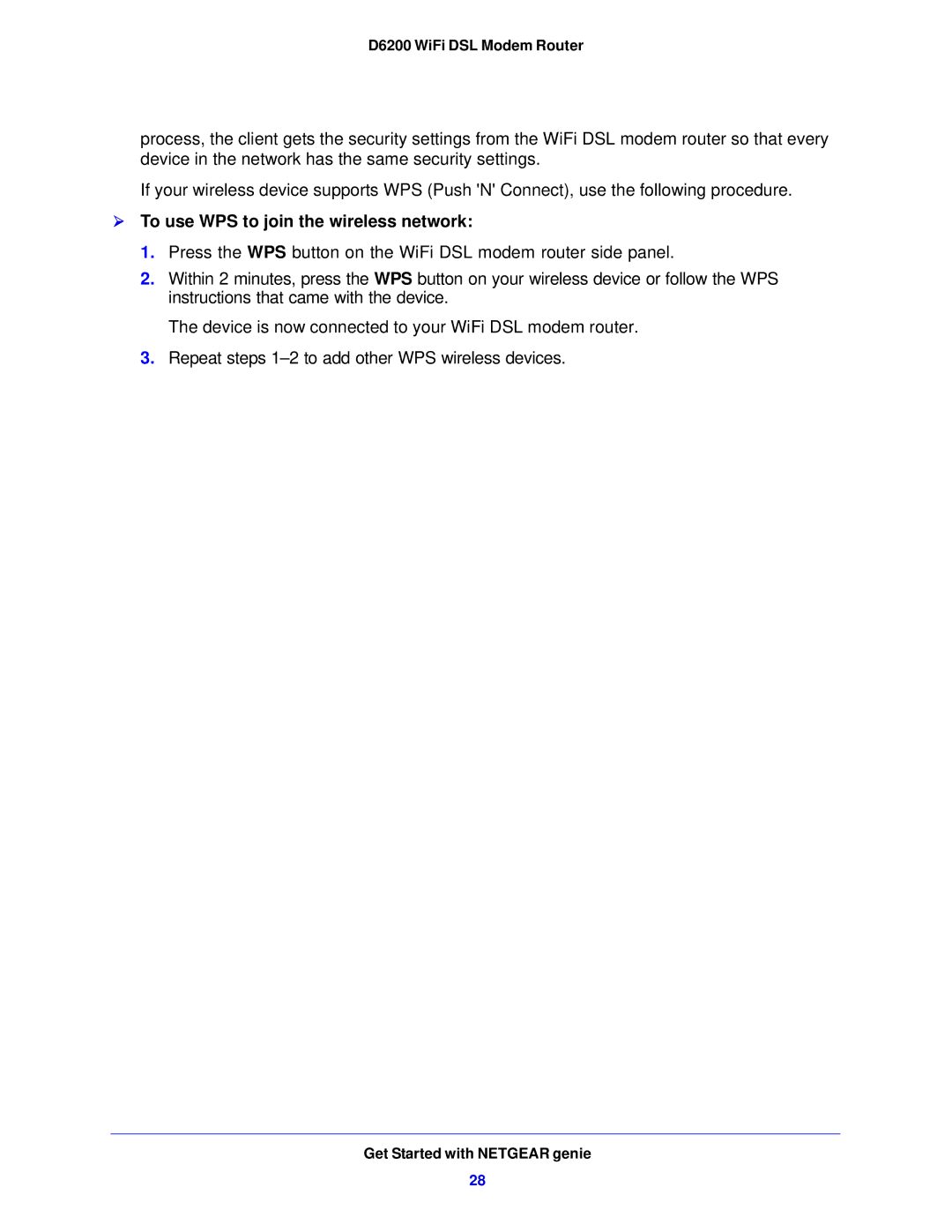 NETGEAR D6200-100NAS user manual  To use WPS to join the wireless network 