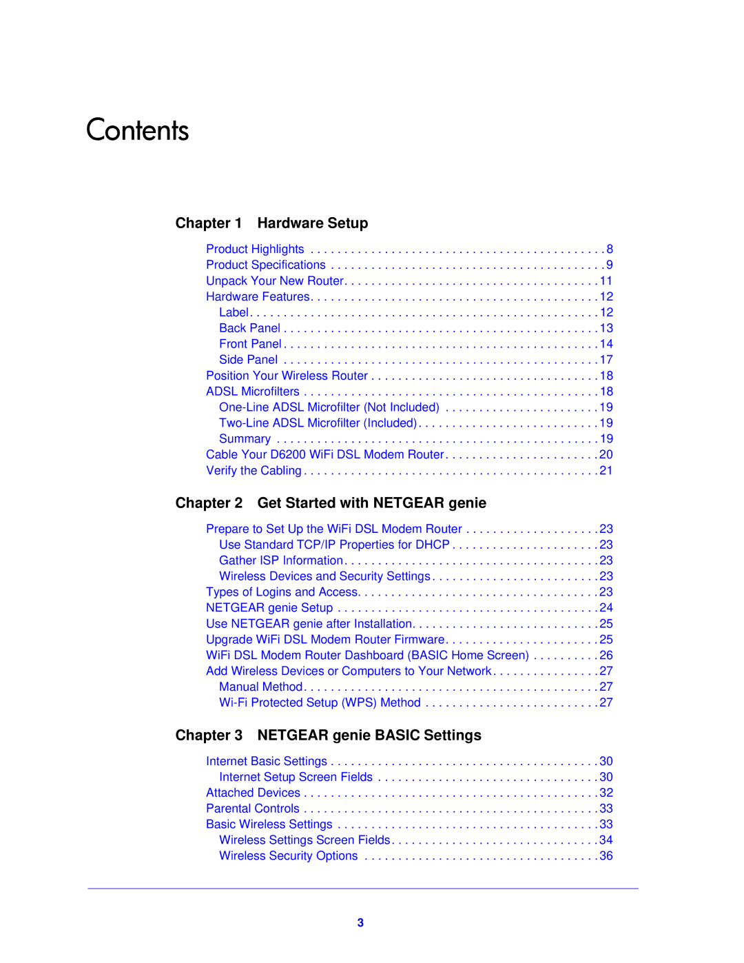 NETGEAR D6200-100NAS user manual Contents 