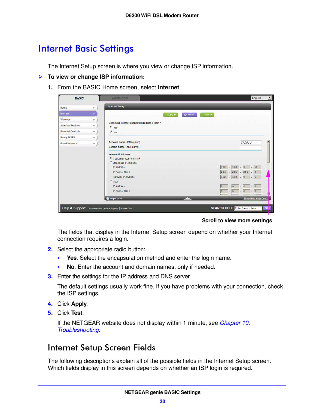 NETGEAR D6200-100NAS user manual Internet Basic Settings, Internet Setup Screen Fields,  To view or change ISP information 