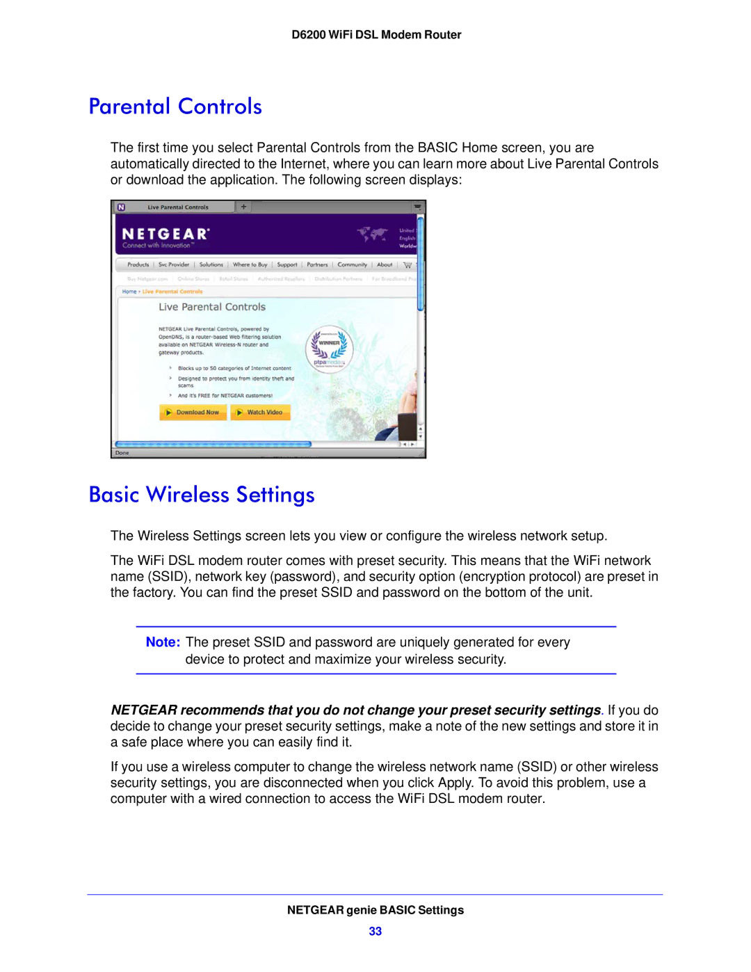 NETGEAR D6200-100NAS user manual Parental Controls, Basic Wireless Settings 