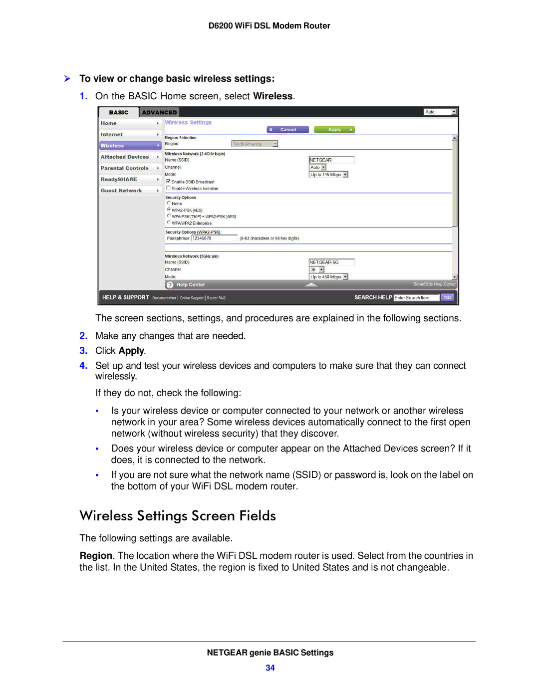 NETGEAR D6200-100NAS user manual Wireless Settings Screen Fields,  To view or change basic wireless settings 