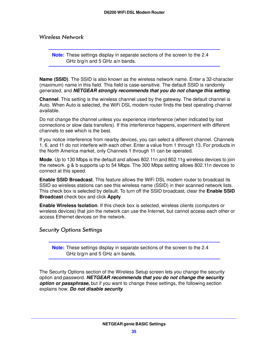 NETGEAR D6200-100NAS user manual Wireless Network 