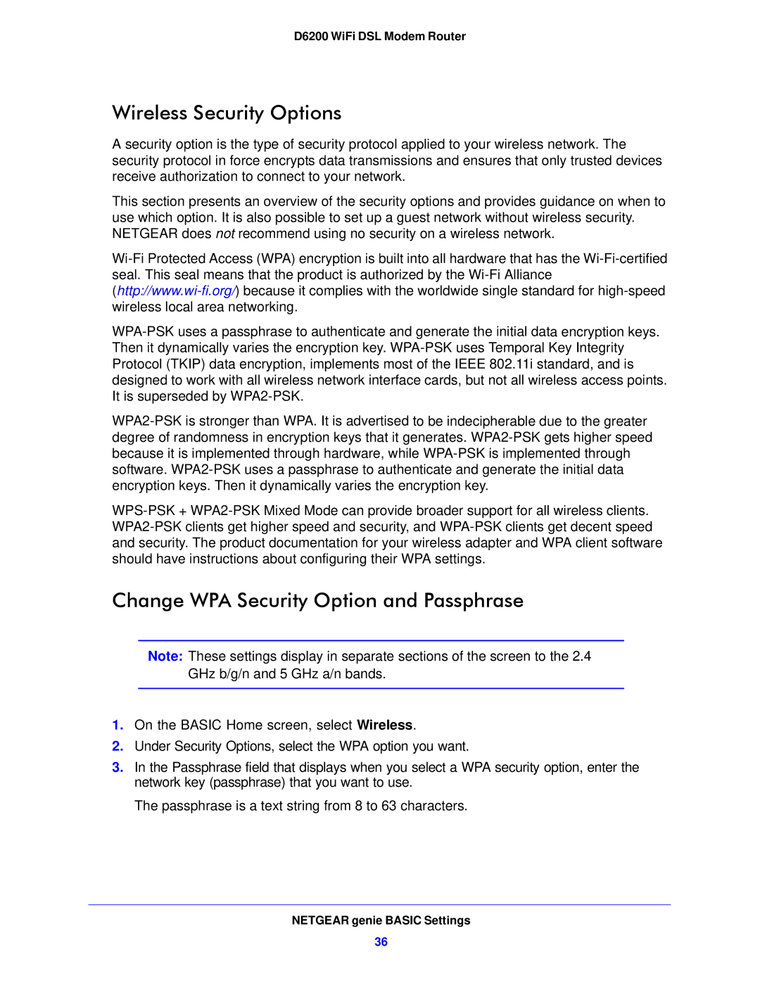 NETGEAR D6200-100NAS user manual Wireless Security Options, Change WPA Security Option and Passphrase 