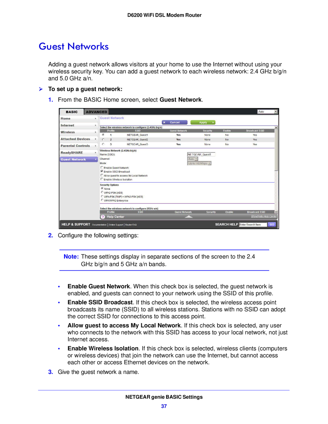 NETGEAR D6200-100NAS user manual Guest Networks,  To set up a guest network 