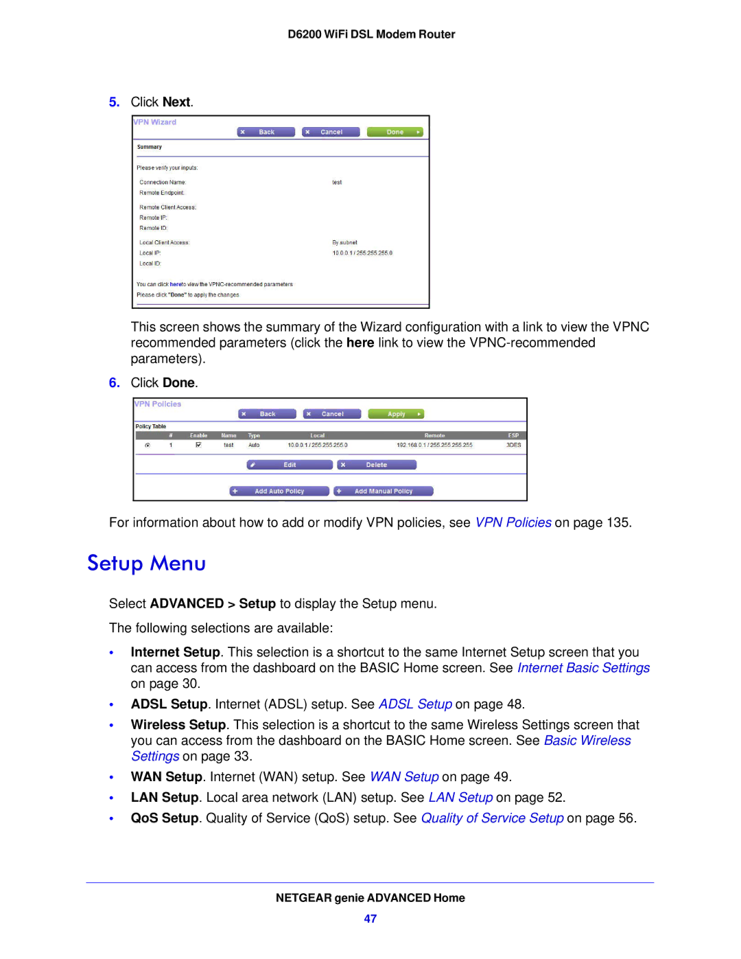 NETGEAR D6200-100NAS user manual Setup Menu 