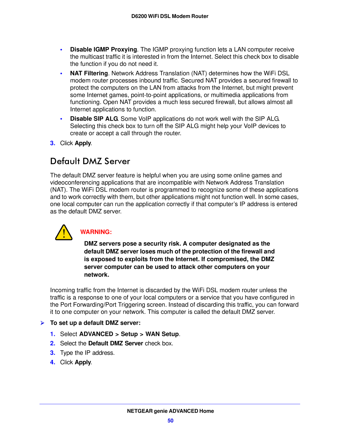 NETGEAR D6200-100NAS user manual Default DMZ Server 