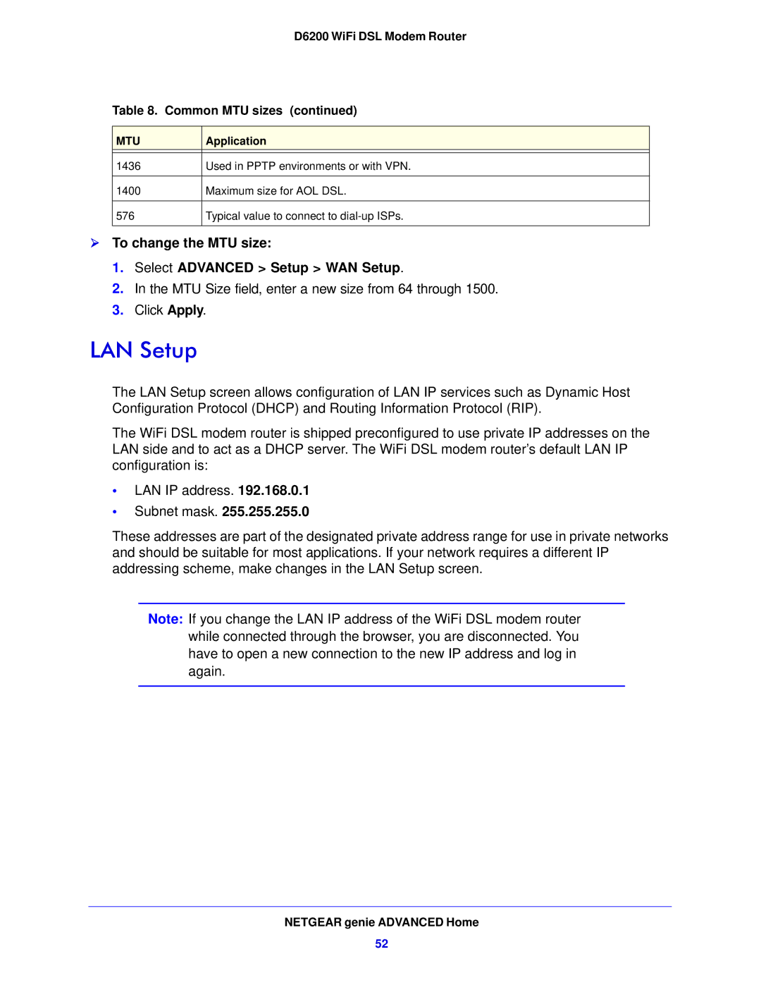 NETGEAR D6200-100NAS user manual LAN Setup,  To change the MTU size Select Advanced Setup WAN Setup 