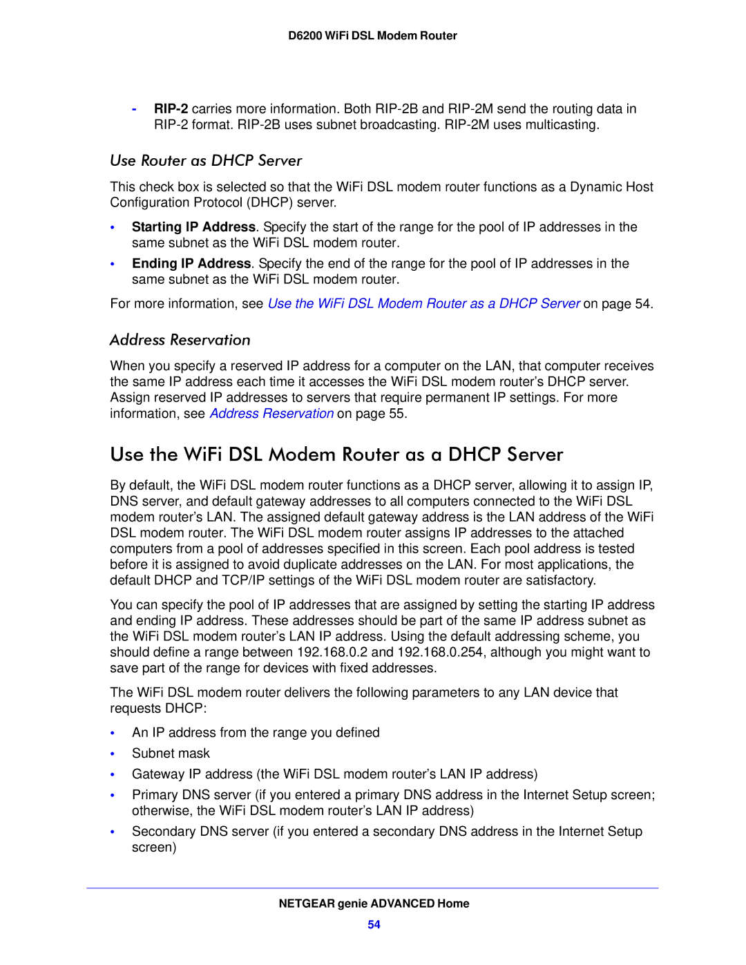 NETGEAR D6200-100NAS user manual Use the WiFi DSL Modem Router as a Dhcp Server, Use Router as Dhcp Server 