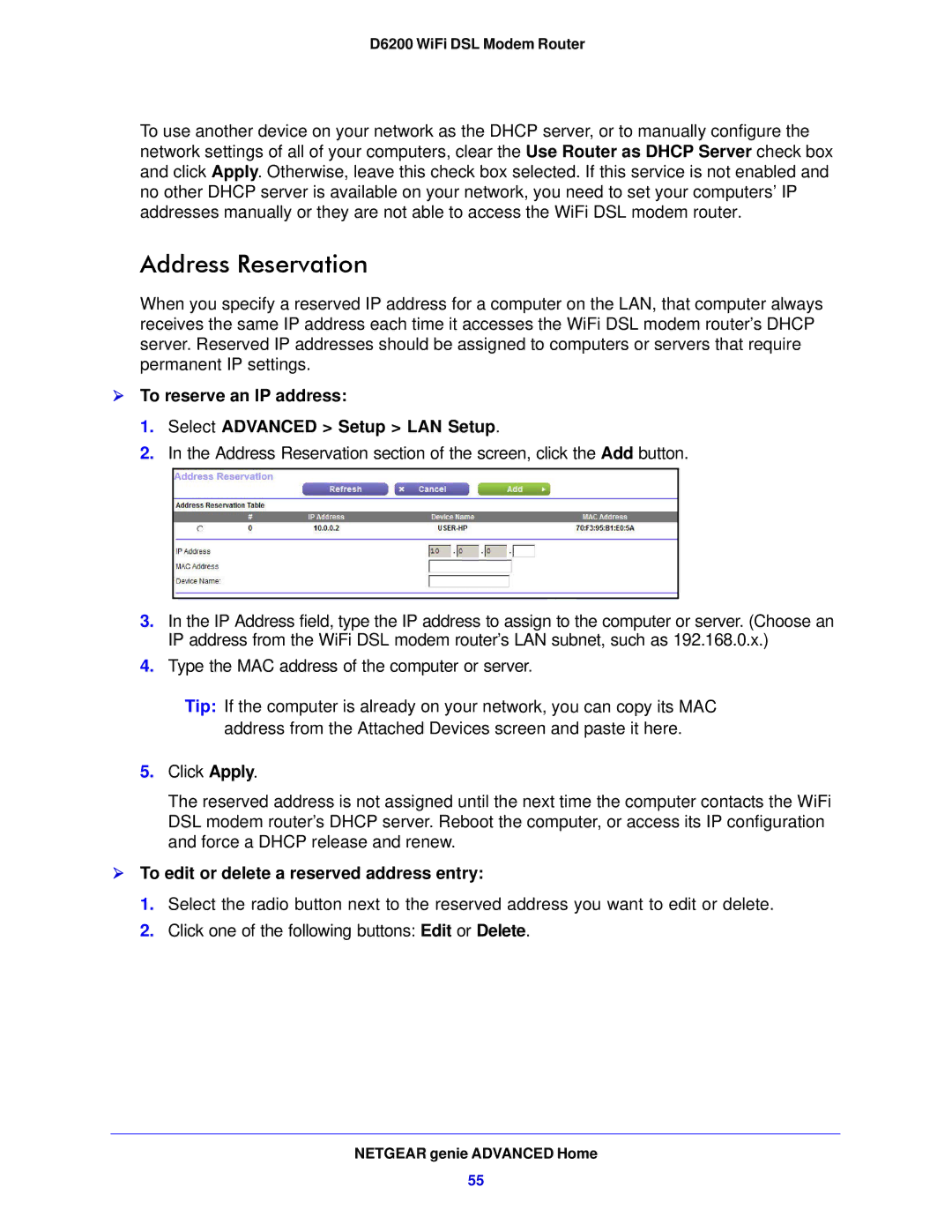 NETGEAR D6200-100NAS user manual Address Reservation,  To reserve an IP address Select Advanced Setup LAN Setup 