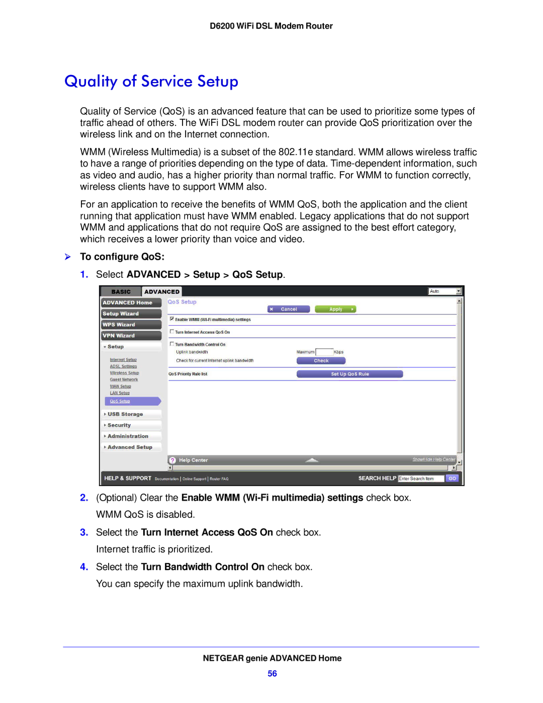 NETGEAR D6200-100NAS user manual Quality of Service Setup,  To configure QoS Select Advanced Setup QoS Setup 