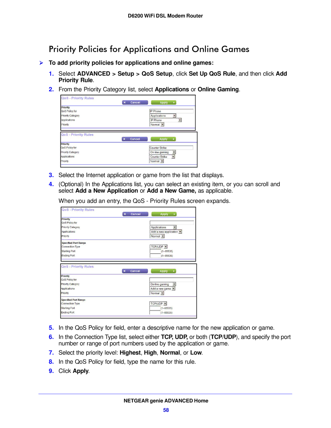 NETGEAR D6200-100NAS user manual Priority Policies for Applications and Online Games 