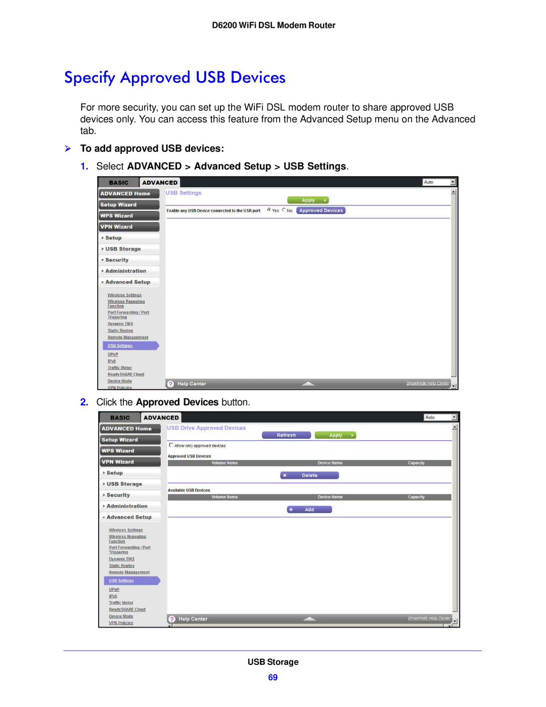 NETGEAR D6200-100NAS user manual Specify Approved USB Devices 