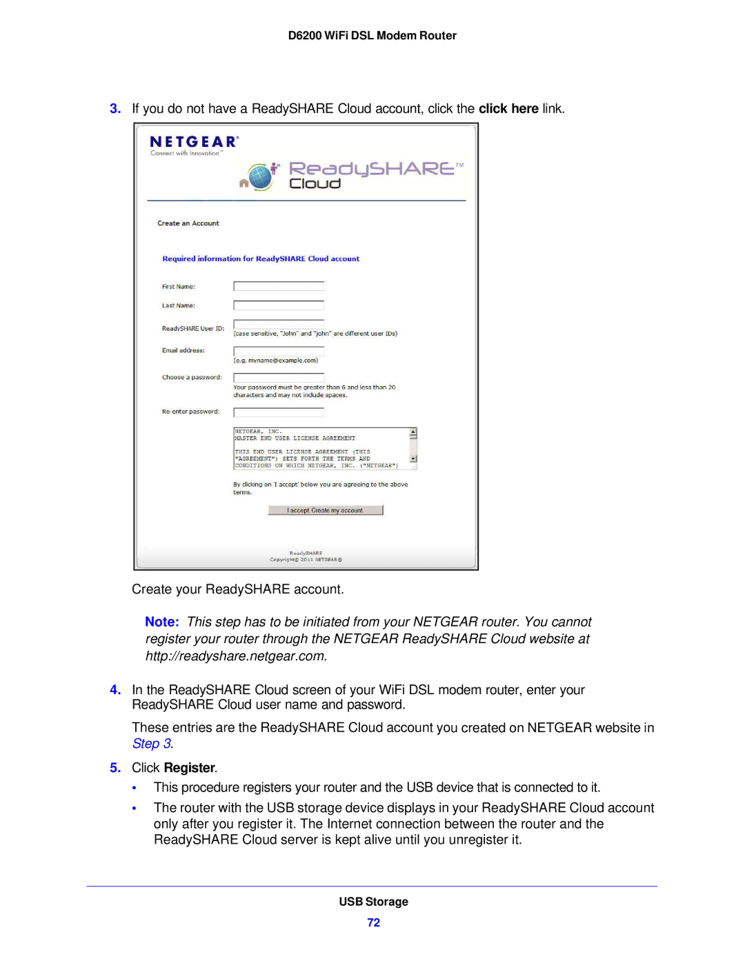 NETGEAR D6200-100NAS user manual Click Register 