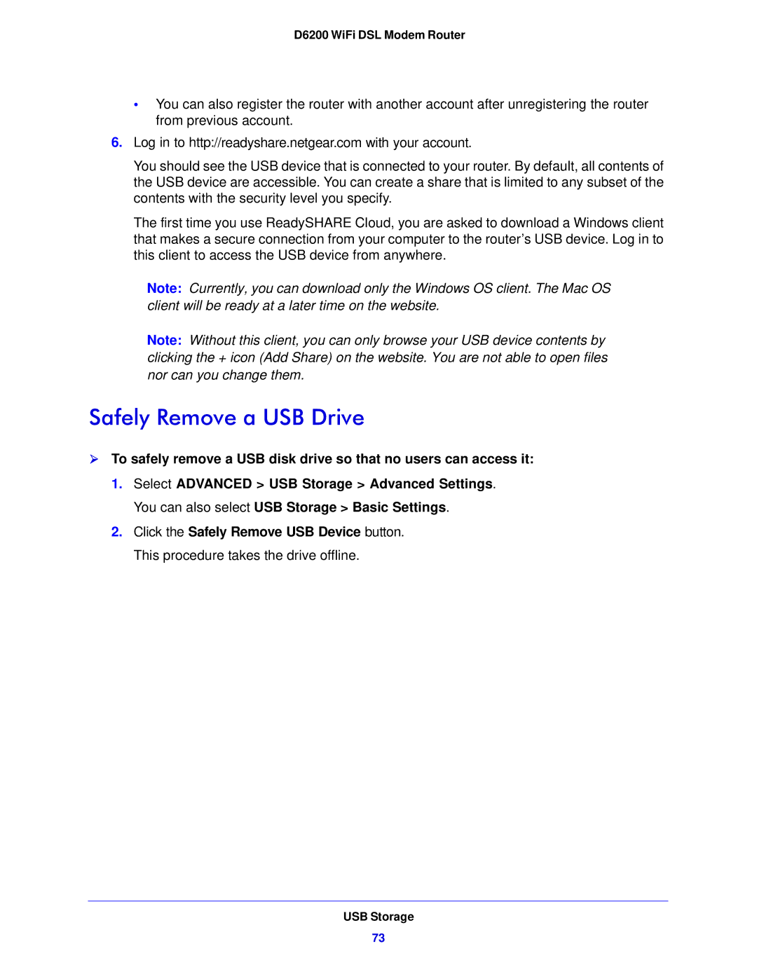 NETGEAR D6200-100NAS user manual Safely Remove a USB Drive 