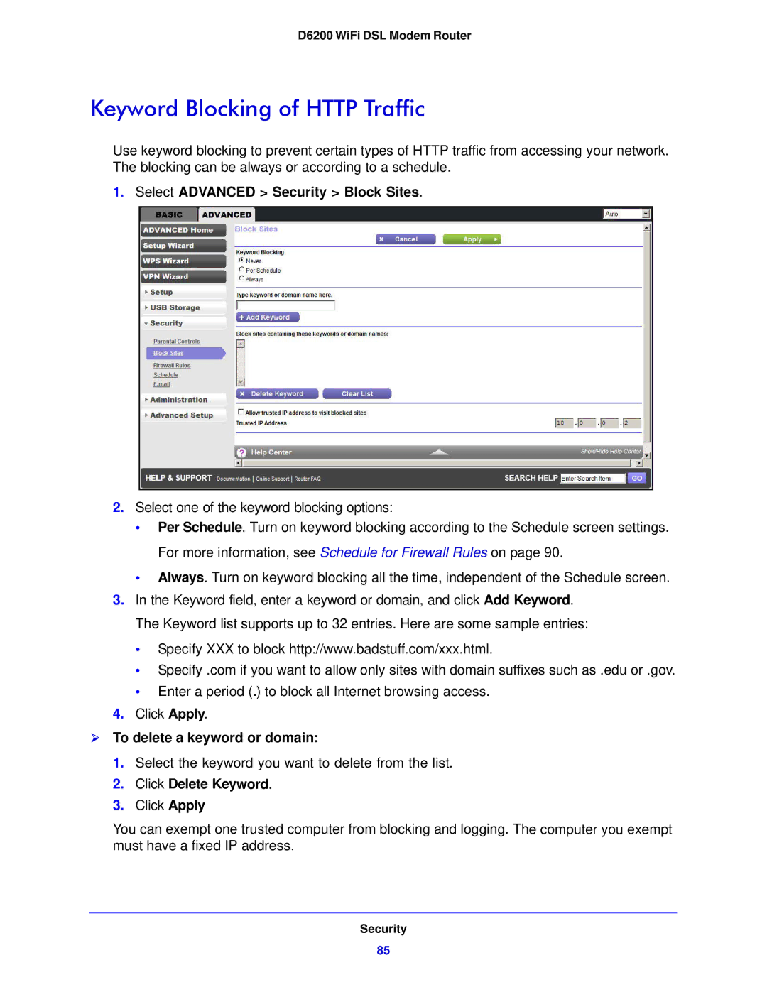 NETGEAR D6200-100NAS Keyword Blocking of Http Traffic, Select Advanced Security Block Sites, Click Delete Keyword 