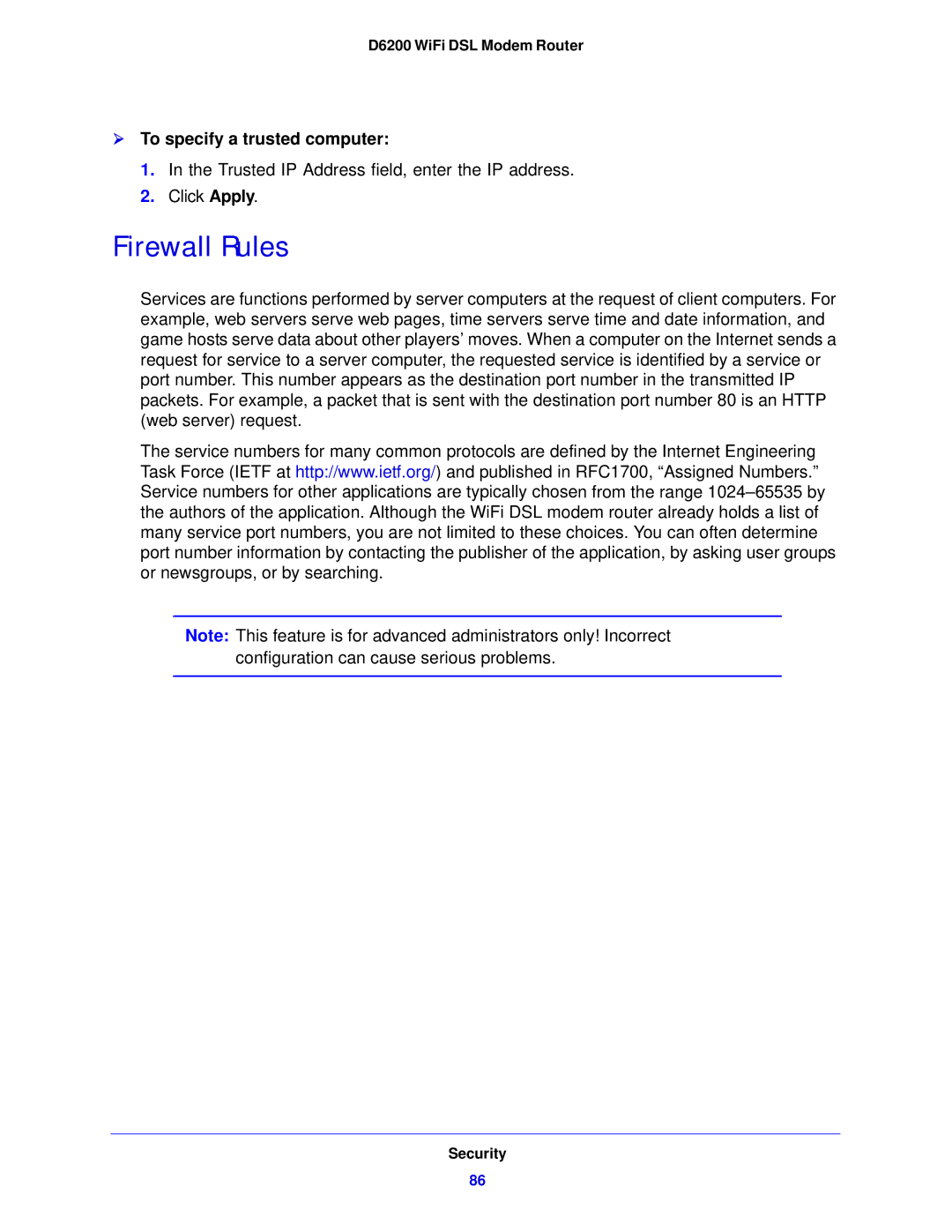 NETGEAR D6200-100NAS user manual Firewall Rules,  To specify a trusted computer 