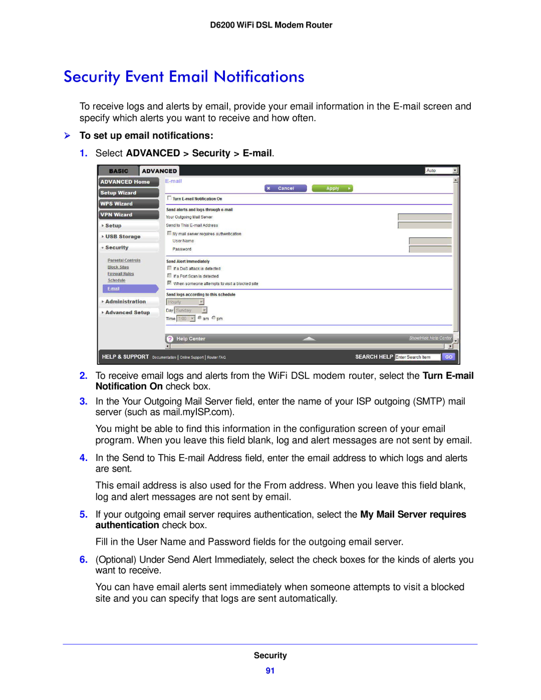 NETGEAR D6200-100NAS user manual Security Event Email Notifications 