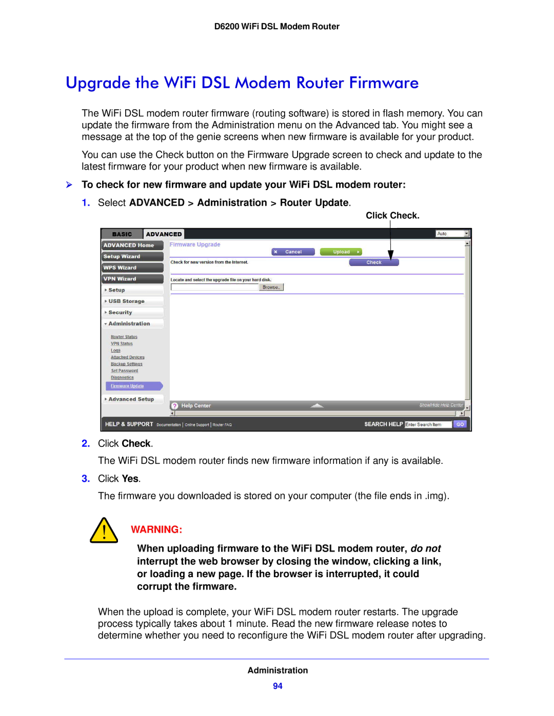 NETGEAR D6200-100NAS user manual Upgrade the WiFi DSL Modem Router Firmware 