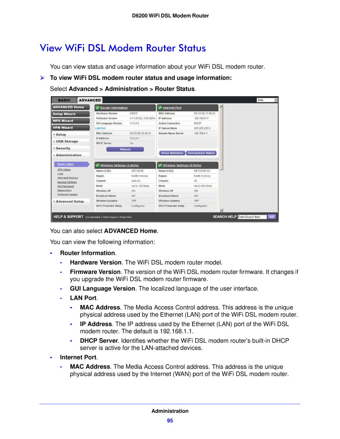 NETGEAR D6200-100NAS user manual View WiFi DSL Modem Router Status, Router Information, LAN Port, Internet Port 