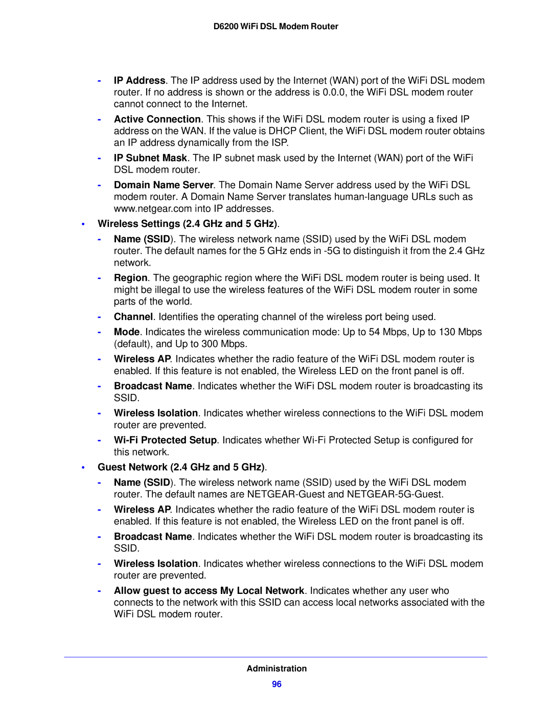 NETGEAR D6200-100NAS user manual Wireless Settings 2.4 GHz and 5 GHz, Guest Network 2.4 GHz and 5 GHz 