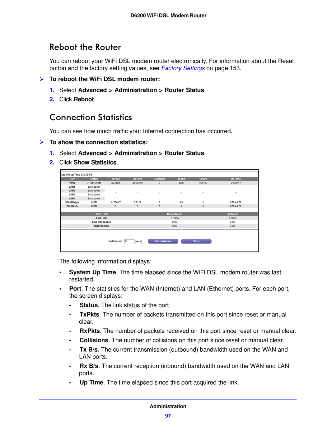 NETGEAR D6200-100NAS user manual Reboot the Router, Connection Statistics 