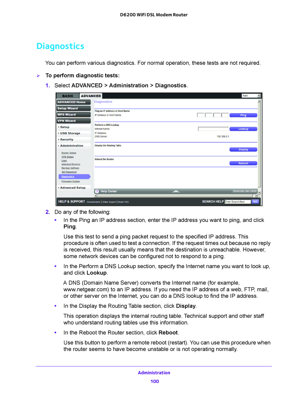 NETGEAR D6200 user manual Diagnostics 