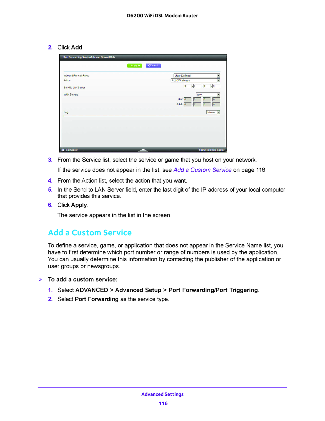 NETGEAR D6200 user manual Add a Custom Service 